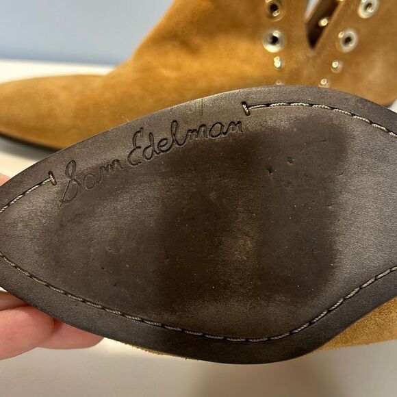 Sam Edelman Brown Studded Eyelet Cut Out Rubin Suede Bootie Sz 8 Block Heel - Picture 4 of 9